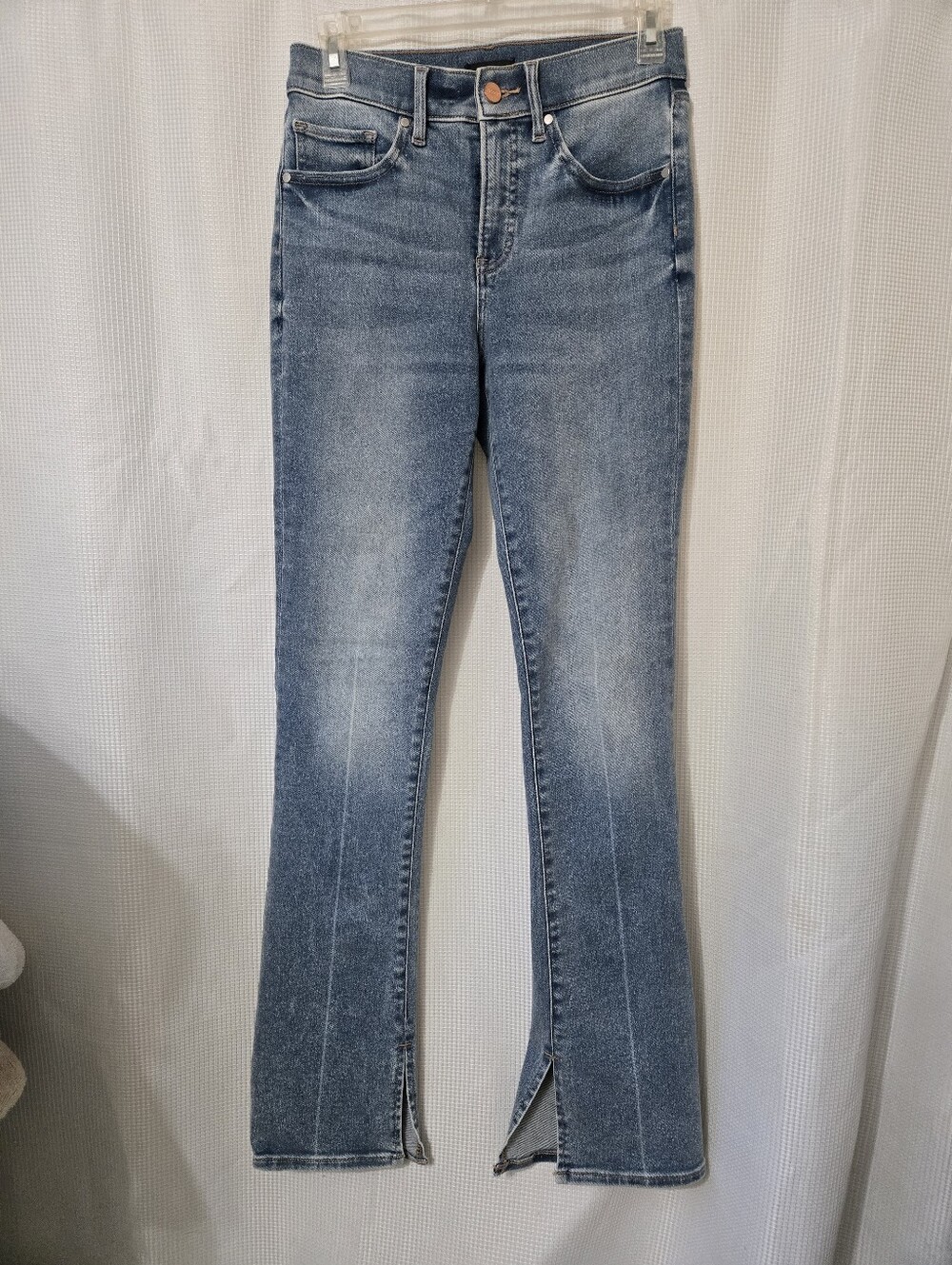 Express Women's Mid-Wash Blue Flare Jeans with Front Slit
